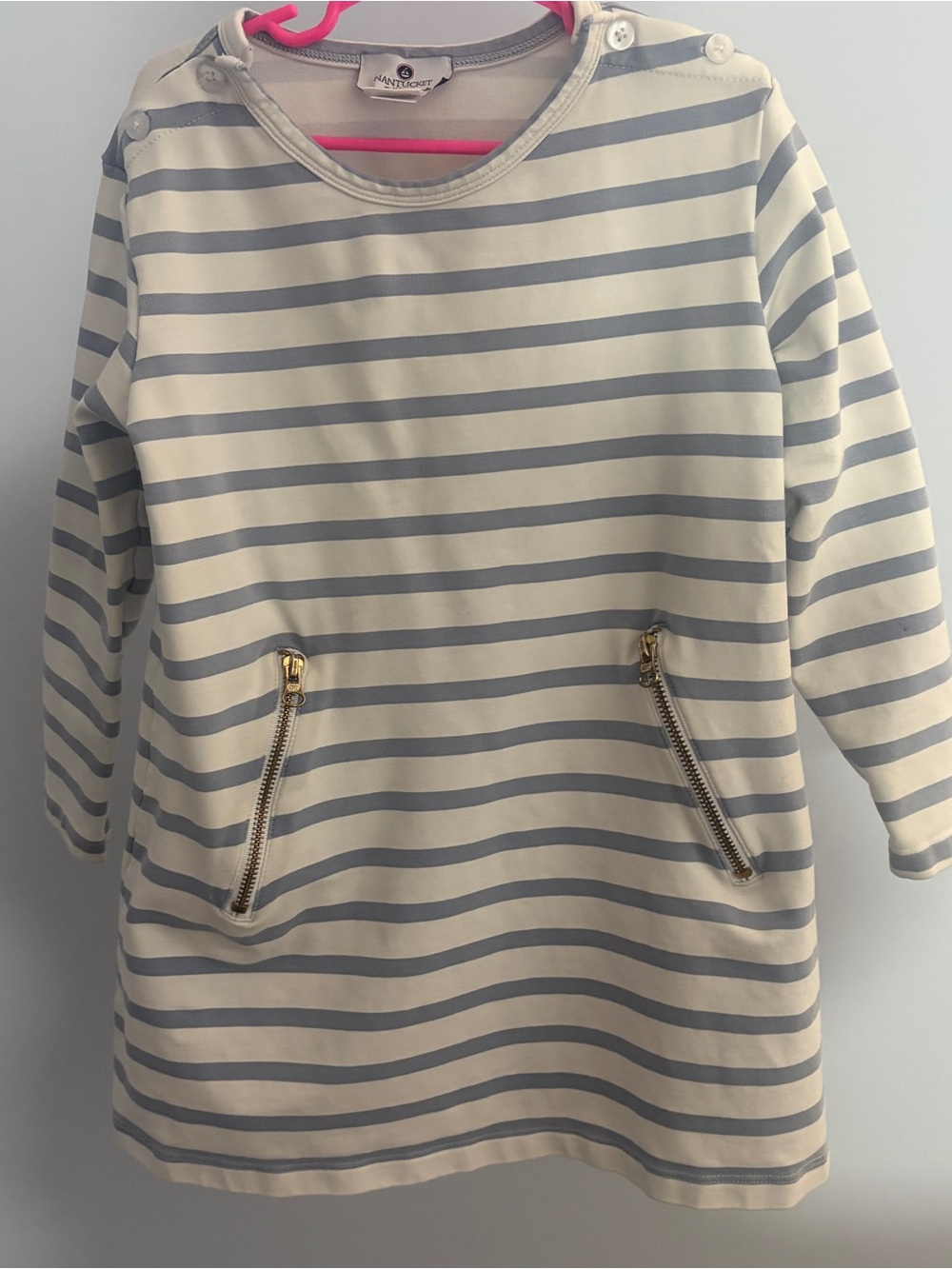 Nantucket Kids Girls' Cream and Light Blue Striped Casual Dress with Gold Zips
